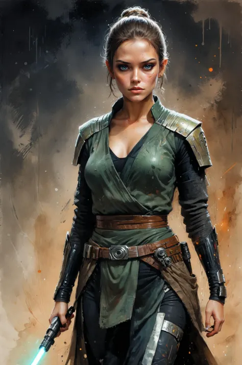 a woman in a green outfit holding a light saber