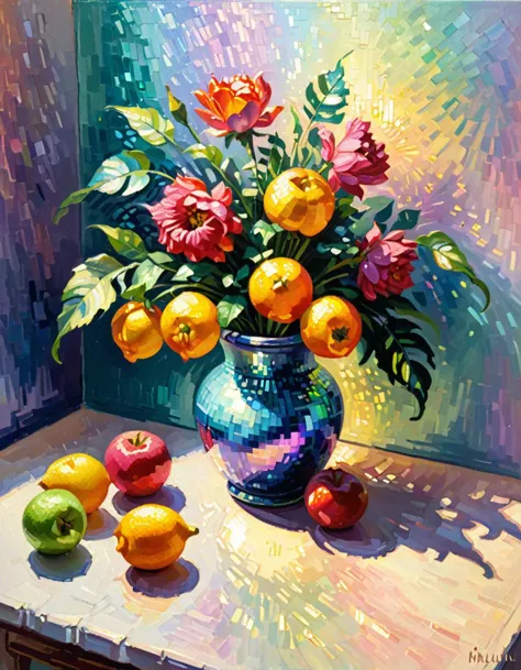 painting of a vase of flowers and fruit on a table