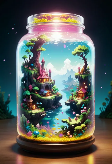 A jar encapsulating a fantastical realm, pixel art style, high saturation, vibrant hues of an enchanting landscape contained within glass, floating islands, mythical creatures visible through the transparency, twinkle of magical elements, depth illusion created by pixel gradient, ambient occlusion for a tactile feel, pixel-perfect illumination, 8-bit charm, ultrafine details, nostalgic aesthetic.