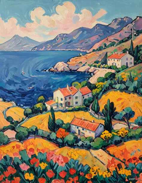 Fauvist Landscape: A vibrant and colorful landscape farmhouse,marseille,Garlaban mountains,ocean,with bold brushstrokes and unnatural colors,vibrat color, inspired by Henri Matisse.