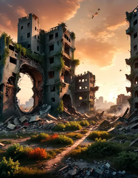 a picture taken from a video game shows a ruined city