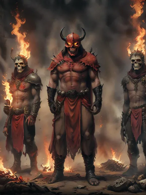 a group of demonic men standing in front of a fire