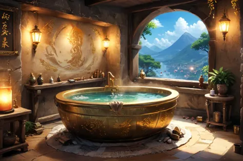 there is a bathtub in a room with a view of the mountains