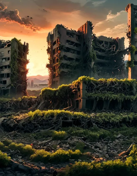 a picture taken from a video game shows a ruined city