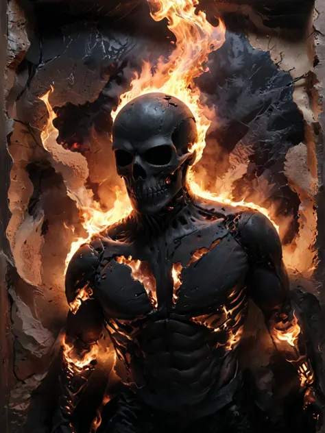 a man in a black suit with a burning skull on his chest