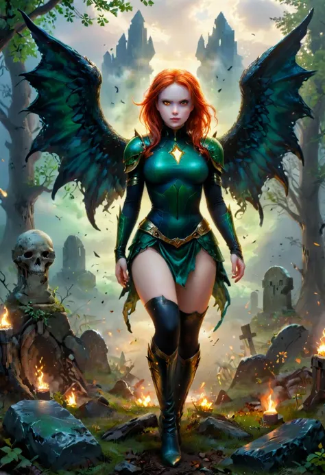 (horror painting) of a  esthetic young woman demon, yellow eyes, british with ginger cone hair bun, bright blue eyes, light skin, curvy,             wearing Emerald green demon armor with a scale-like texture, a low-cut bodysuit, armored skirt, knee-high boots, winged pauldrons, helm adorned with glowing red eyes,              black wings feathered with crimson streaks,clutching a tome bound in human skin,   .set in  Ghostly Gravesite, Moonlit clearing surrounded by crumbling headstones, ethereal wisps floating above forgotten graves, eerie silence broken only by the faint sound of distant footsteps, and a cold chill in the air , at sunset. award winning, very aesthetic, extremely detailed face,