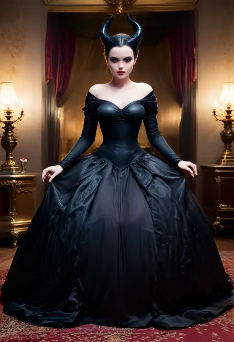 Photography of 1girl, (Maleficent (Disney):1.5), posing for a fashion magazine, gown, ball dress, luxurious living room, intricate details