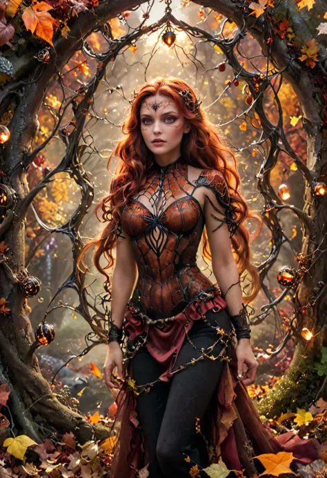 realistic photography an adult siren with hypnotic voice in an enchanted wonderland, magical surroundings, spiderwebs, smokeswirls, fall colors, red, yellow, orange, brown theme, beautiful whimsical fantasy art concept, detailed background, intricate details, ultra sharp, realism