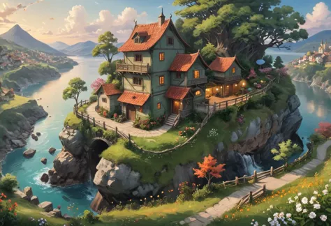 Wide angle digital illustration in the style of Studio Ghibli, (Anime landscape:1.3), Harmonious composition, (Whimsical rolling hills:1.2), Spirited skies, Lively villages, (Colorful flora:1.2), Flowing rivers, Gentle breezes, (Enchanting atmosphere:1.3), Vibrant hues, Dynamic elements, Expressive scenes..Masterpiece,best quality,hi res,8k,hi res,8k,award winning,(sharp focus, intricate, highly detailed), lora:extremely_detailed:0.8> extremely detailed, (Studio ghibli style, Art by Hayao Miyazaki:1.2), Anime Style, Manga Style, Hand drawn, cinematic, Sharp focus, humorous illustration, big depth of field, Masterpiece, concept art, trending on artstation, Vivid colors, Simplified style, trending on ArtStation, trending on CGSociety, Intricate, Vibrant colors, Soft Shading, Simplistic Features, Sharp Angles, Playful