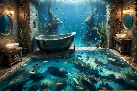 Dreamscape bathroom with overwhelming water drenched carpet, fishes swimming  . Surreal, ethereal, dreamy, mysterious, fantasy, highly detailed