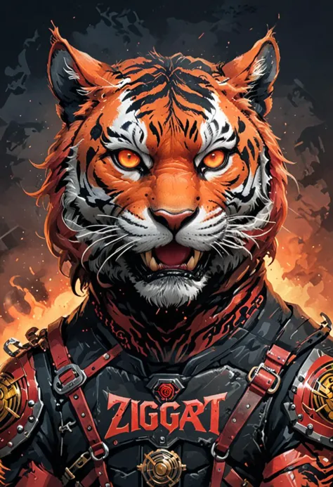 a tiger in armor with flames in the background