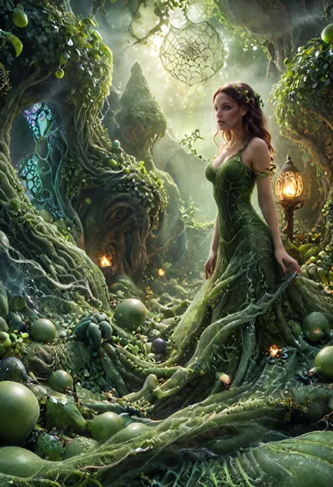 a woman in a green dress standing in a forest with lots of trees