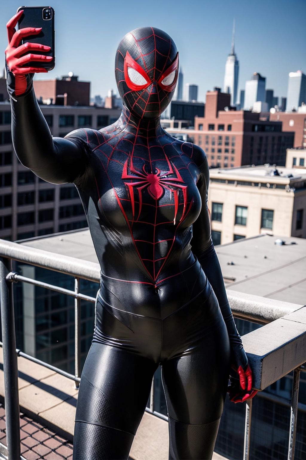 Spider - man in a black suit taking a selfie on a balcony - SeaArt AI