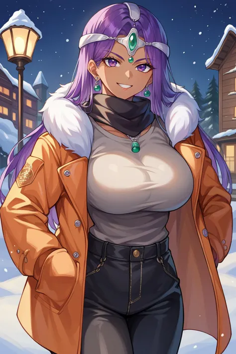 a woman in a brown jacket and black pants standing in the snow