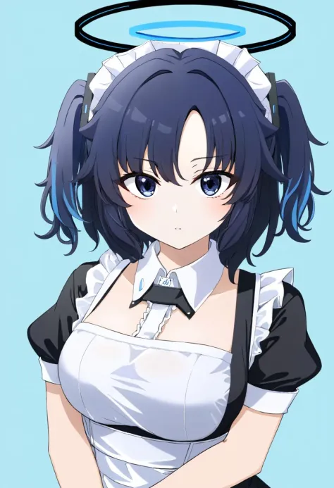 a woman in a maid outfit with a halo on her head