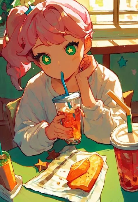 score_9,score_8_up,score_7_up,source_anime,1girl,at table,drinking bubbletea,drinking straw,pink hair,side ponytail,star pupils,++,indoors,green eyes,