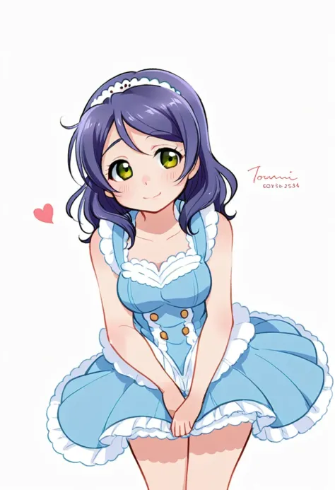 a cartoon girl in a blue dress with a tiable and a bow