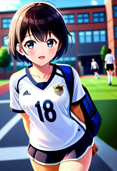 girl, short hair, wearing a shirt of the soccer team, leaving school, clear focus (house: 0.8), (masterpiece: 1.2) (Realistic: 1.2) (Bokeh) (Best quality) (Detailed Skin: 1.3) (Intricate Details) (8K) (Detail Eyes) (Sharp Focus), (Happy)