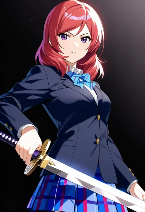 1girl, solo, nishikino maki, purple eyes, otonokizaka school uniform, holding sword, masterpiece, best quality, very aesthetic, ...