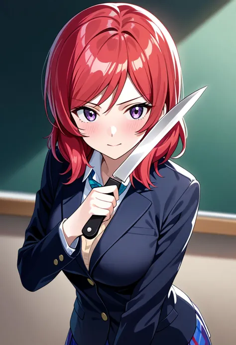 anime girl with red hair holding a knife in front of a blackboard