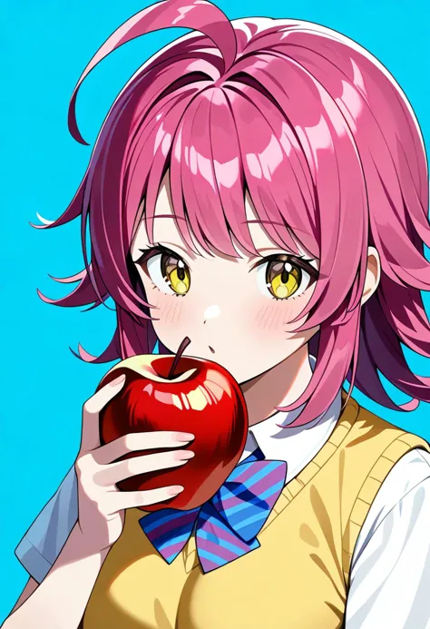 anime girl with pink hair eating an apple with a blue background