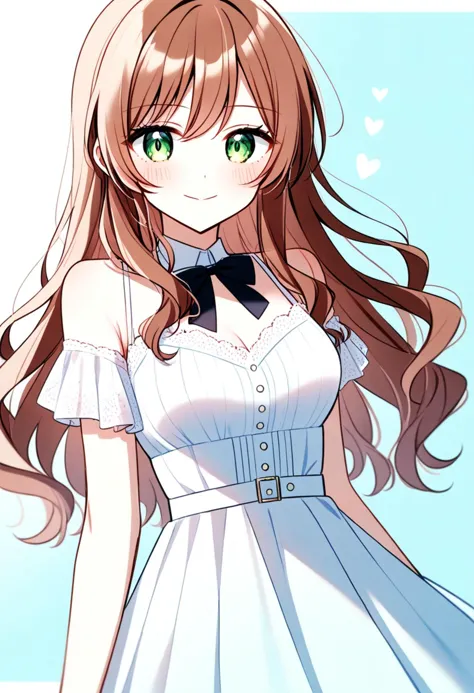 anime girl with long brown hair wearing a white dress and a bow tie