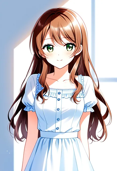 anime girl in a white dress with long brown hair