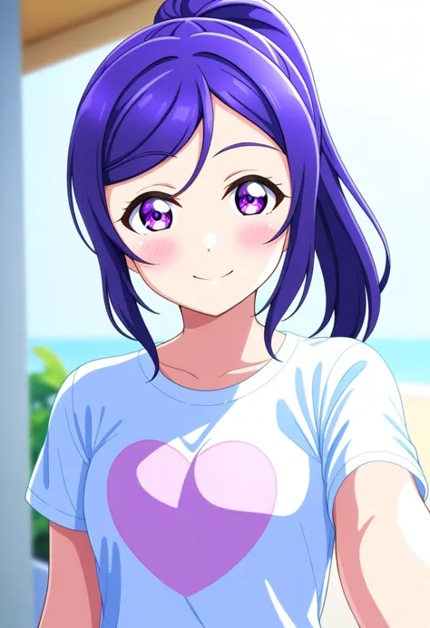 v-mag, 1girl, love live matsuura kanan, purple eyes, ponytail, upper body, t-shirt, best quality, amazing quality, very aestheti...