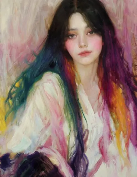 ((colorful hair)),sargent,mucha, frontage, 1girl, black hair, long hair, lips, closed mouth,