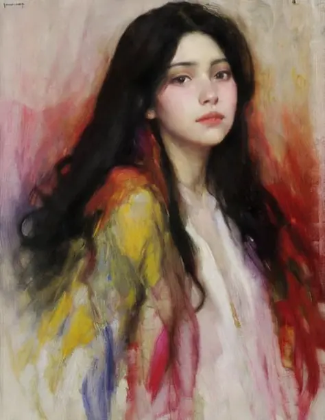 ((colorful)),sargent,mucha, frontage, 1girl, black hair, long hair, lips, closed mouth,