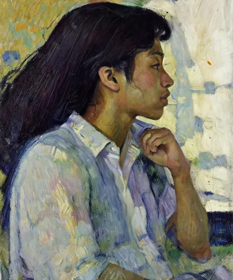 (Paul GAUGUIN:1), king,ctoil, 1girl, black hair, long hair, realistic, profile, lips, closed mouth, shirt,nice fingers,full body,