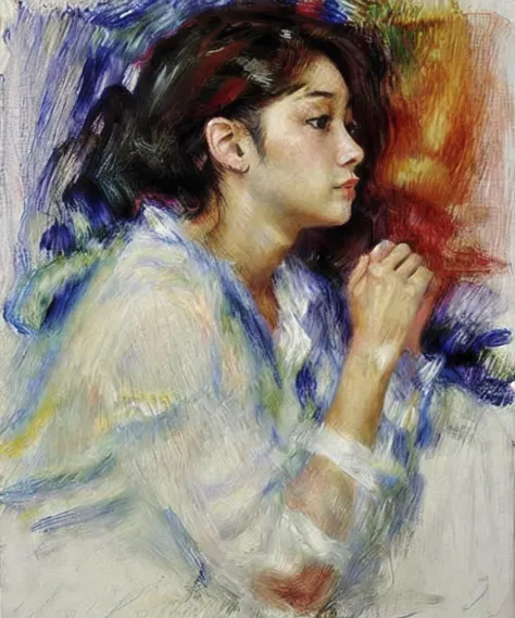 (RENOIR:1), king,ctoil, 1girl, black hair, long hair, realistic, profile, lips, closed mouth, shirt,nice fingers,full body,