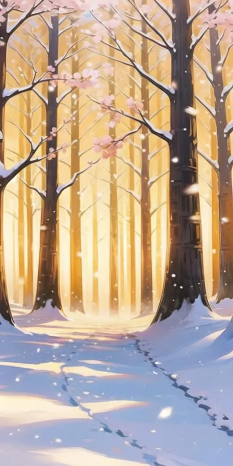 (Meilleure qualité,chef-d&#39;œuvre:1.2), art\(illustration\), saison\(hiver\), Couleurs chaudes, hiver Forest, lumière dorée, coucher de soleil, arbre, neige, paysage, hiver, En plein air, bare arbre, nature, jour, lumière du soleil, ombre, forêt, neigeing, route, fleurs de cerisier, Ciel, chemin, empreintes, bifurquer, pas d&#39;humains