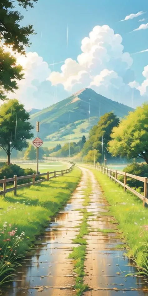 a painting of a road with a fence and a mountain in the background