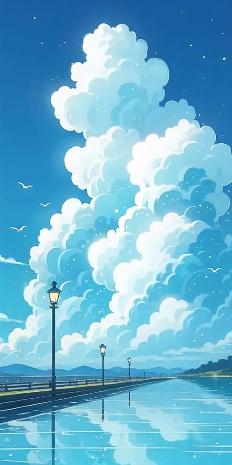 (Best quality,masterpiece:1.2), Art\(Illustration\),outdoors, reflection, cool colors, 
(Train Tracks , street lamp), lamppost, Dreamy Landscape, day, scenery, 
railing, bird, cloudy sky, blue sky,sky,cloud, flock, light particles, star \(sky\),blue theme,no humans