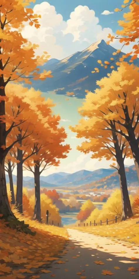 (Best quality,masterpiece:1.2), <lora:NewFlat2-000014:0.5>,Art\(Illustration\), Season\(Autumn\), warm colors, scenery,landscape...