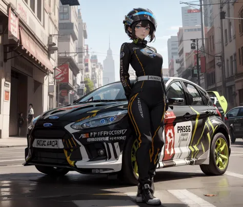 arafed woman in a black and yellow outfit standing next to a car