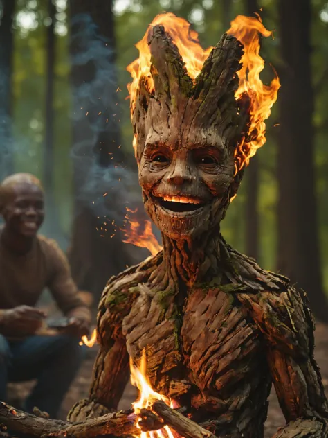 Groot1024, a human-tree, ((head on fire)), smoke, smile, sitting in front of a campfire to keep warm, highly detailed, photograp...