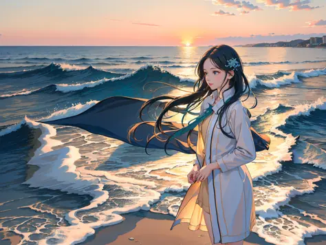 (ins style: 1.5), (oceanic beauty), 8k wallpaper, photography, 1 girl, [beach], [sea], [wind], (flowing dress), (tousled hair), (blowing wind), (serene mood), (vivid colors), (detailed features), (whimsical atmosphere), (graceful movement), (timeless charm...