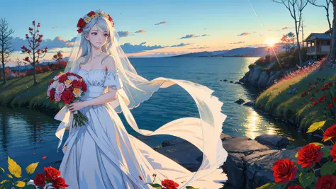 masterpiece,best quality, 1girl, bare shoulders, white hair, veil, blue eyes, very long hair, grin, bouquet, day, dress, flower, holding, holding bouquet, lake, looking at viewer, nature, outdoors, red flower, rose, solo, standing, tree, water, water drop,...