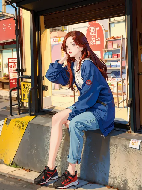 (ins style: 1.5), (masterpiece), 8k wallpaper, illustration, 1 girl, (single player: 1.5), (red perm), (hair decoration), sitting on the side of the road, in the old town, (real street view: 1.4), [warm light], (dilapidated and complex street scene), (frig...