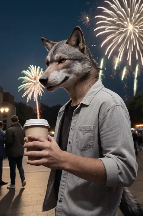 photo (furry wolf), holding a takeway coffee, street, anthro, casual clothes,fit, hairy, night, (close-up:0.75), fireworks,