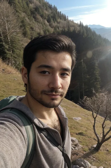 1 homme, 25 ans, beau, (poilu:1.2),face au spectateur,homme japonais, selfie, paysage, randonnée, profondeur de champ,