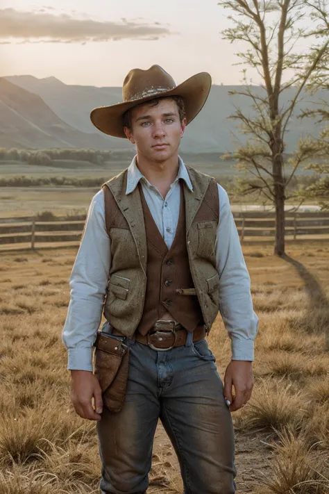 full body photo of jjperson <lora:josh_joyce-11:0.8>, standing on a ranch, dressed as a cowboy, shirt, vest, pants, chaps, jeans, plaid, belt, natural sunlight, rustic-aesthetic, majestic western landscape background, rustic-charm