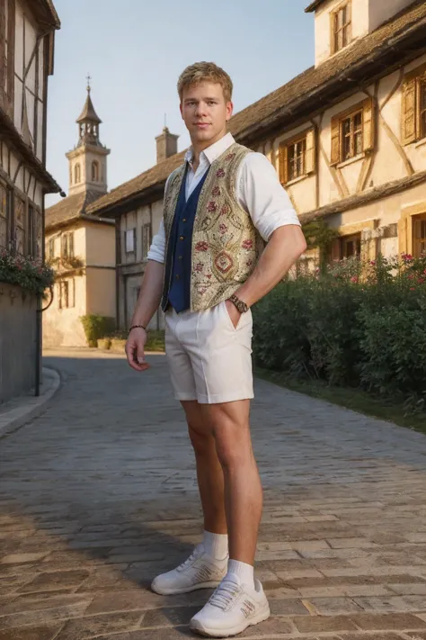 <lora:sebastian_bonnet-06:0.8> seb, wearing a fitted traditional embroidered vest and white shirt, tight shorts and shoes, standing outdoors, quaint European village backdrop, golden hour, natural lighting, relaxed confident expression, depth of field