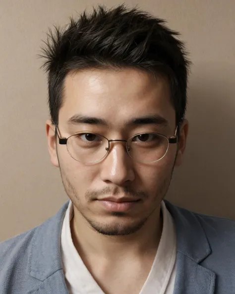 Photo (2man), twenties, glasses, Japanese skin imperfections, chinstrap facial hair,  spiked hair,