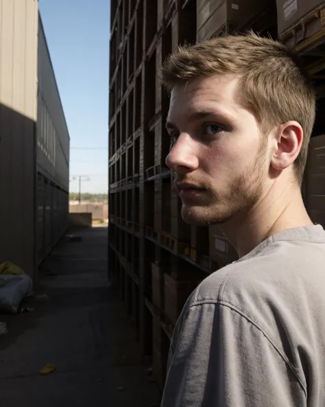 Portrait, young redneck 23yo boy, tough fuckboy, loitering, terrified, looking away, warehouse