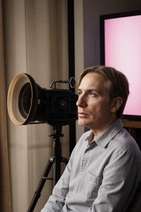 arafed man sitting in front of a camera with a pink screen