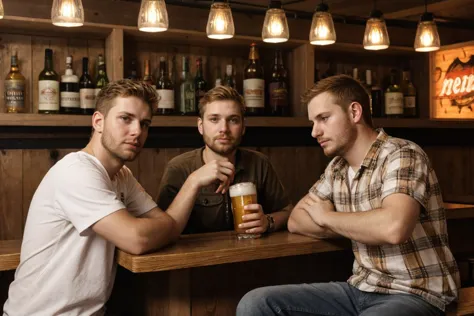 Une photo de trois jeunes hommes redneck buvant de la bière dans un bar, lumière tamisée, assis dans un bar, comptoir,