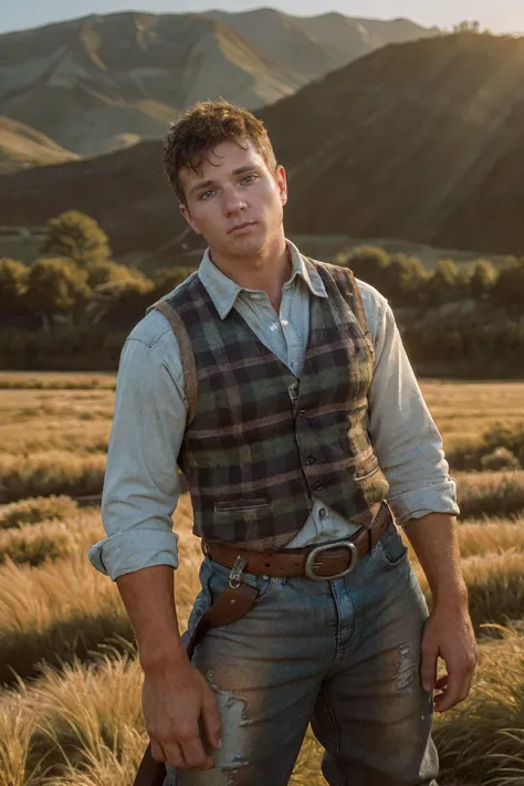 photo of jjperson <lora:josh_joyce-11:0.8>, standing on a ranch, dressed as a cowboy, shirt, vest, pants, chaps, jeans, plaid, b...